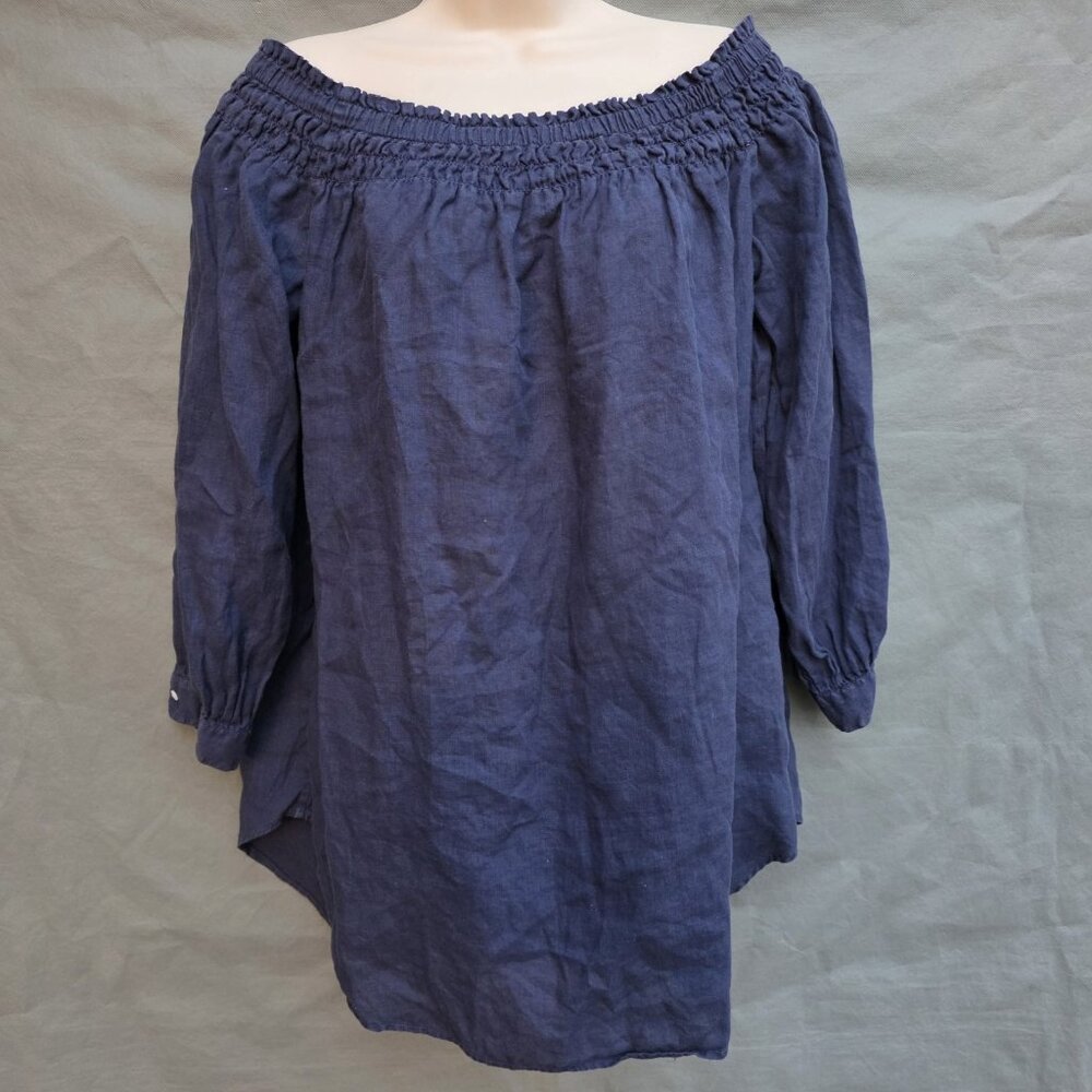 Polo Ralph Lauren Blue Smocked Shoulders Size M Shirt Blouse 100% Linen